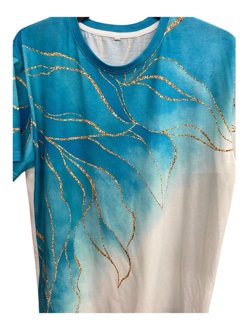 NEW Gradient Teal Green Blue & White Short Sleeve Top Gold with Marbled Accent - Picture 3 of 10